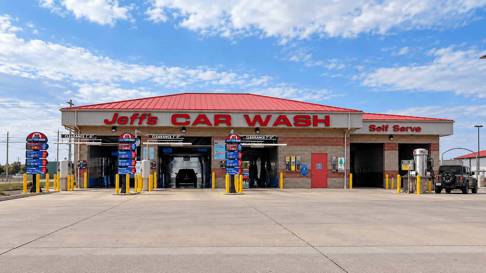 Jeff’s Car Wash in Seymour, showing the automatic wash bays and self-service entrance